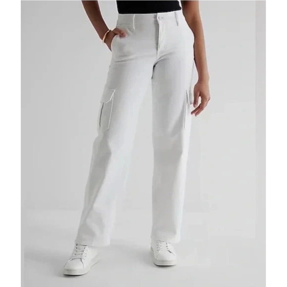 Express Cargo Pants White Relaxed Straight Low Rise Utility Denim Women 8S NEW‎